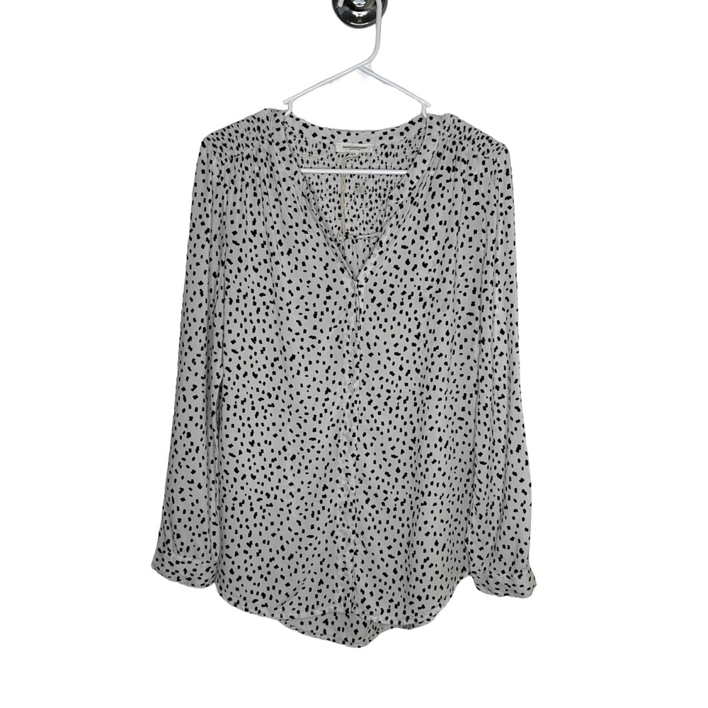 BEACHLUNCHLOUNGE Blouse Women’s Medium White Dalmatian Print Smocked Button